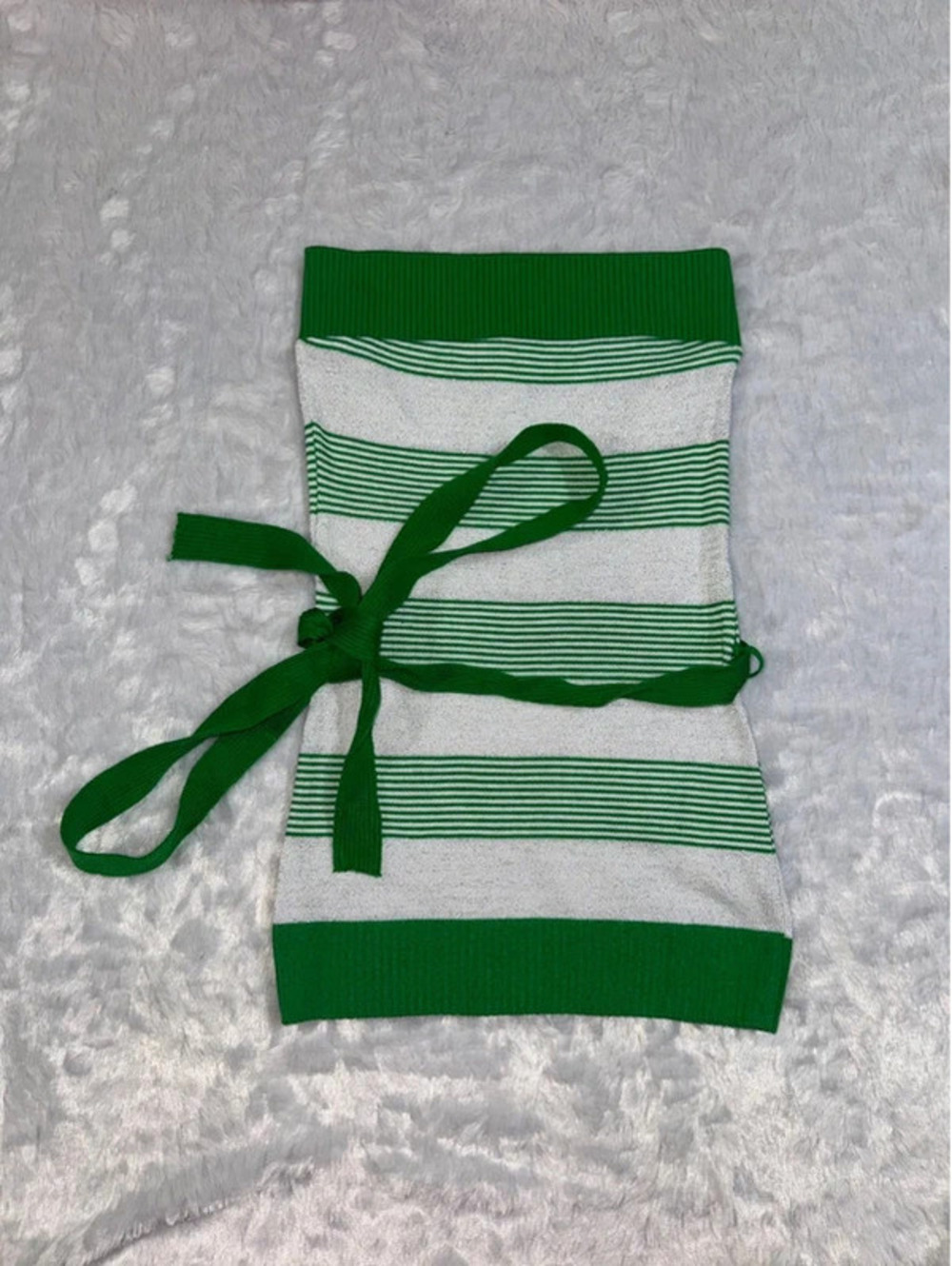 Green and white striped tub trip with tie back